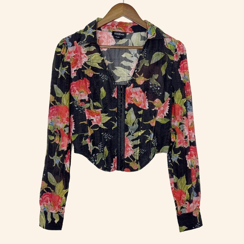 Bebe Black Floral Corset Blouse Size 4